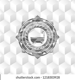 bathtub icon inside grey emblem with geometric cube white background