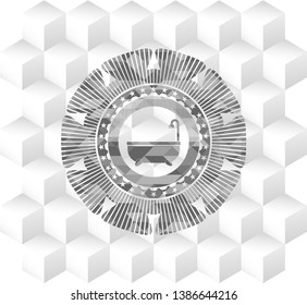bathtub icon inside grey emblem with geometric cube white background
