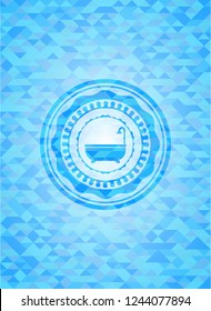 bathtub icon inside light blue emblem with triangle mosaic background