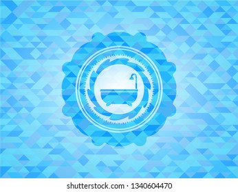 bathtub icon inside light blue emblem. Mosaic background