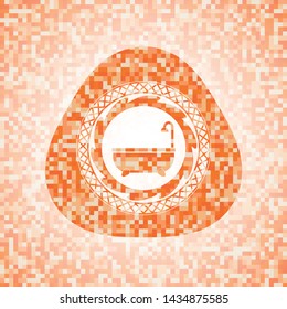 bathtub icon inside orange tile background illustration. Square geometric mosaic seamless pattern with emblem inside.
