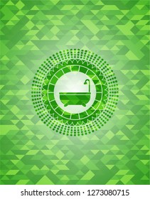 bathtub icon inside realistic green emblem. Mosaic background