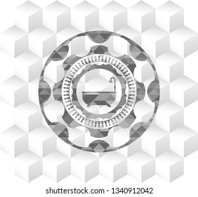 bathtub icon inside realistic grey emblem with geometric cube white background