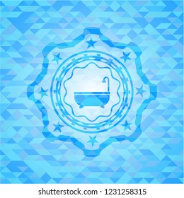 bathtub icon inside realistic sky blue emblem. Mosaic background