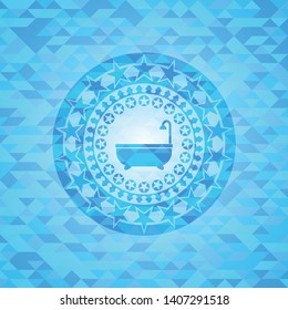bathtub icon inside realistic sky blue mosaic emblem