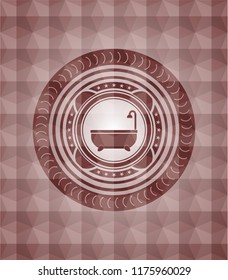 bathtub icon inside red emblem with geometric pattern. Seamless.