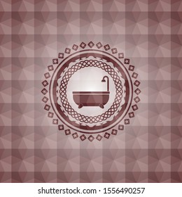 bathtub icon inside red emblem or badge with abstract geometric polygonal pattern background. Seamless.