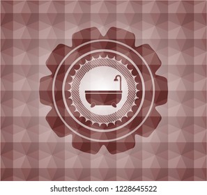 bathtub icon inside red seamless badge with geometric background.