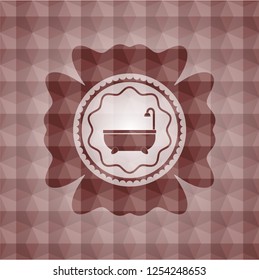 bathtub icon inside red seamless emblem with geometric background.
