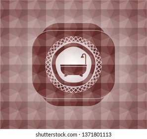 bathtub icon inside red seamless geometric pattern emblem. Seamless.