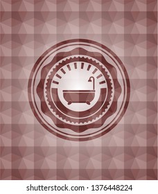 bathtub icon inside red seamless emblem or badge with abstract geometric pattern background.