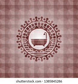 bathtub icon inside red seamless emblem or badge with geometric pattern background.