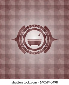 bathtub icon inside red seamless emblem with geometric background.