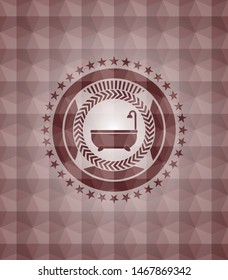 bathtub icon inside red seamless emblem or badge with abstract geometric polygonal pattern background.