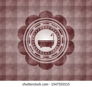 bathtub icon inside red seamless badge with geometric pattern.