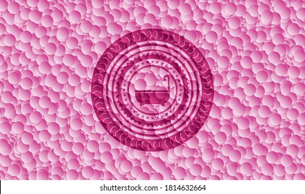 icono de la bañera dentro del emblema rosa de estilo retro con fondo de burbujas. Ilustración vectorial. Detallado. 