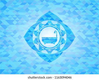 bathtub icon inside sky blue emblem with mosaic ecological style background