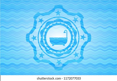 bathtub icon inside sky blue water wave style badge.