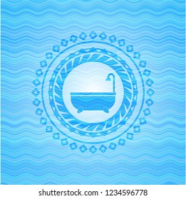 bathtub icon inside sky blue water style badge.