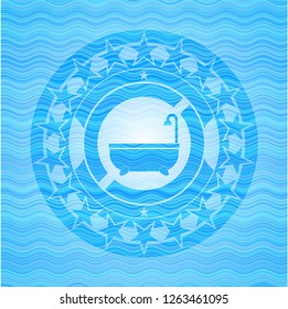 bathtub icon inside sky blue water badge.