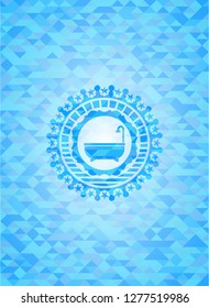 bathtub icon inside sky blue emblem with mosaic ecological style background