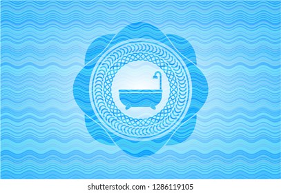 bathtub icon inside sky blue water emblem background.