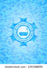 bathtub icon inside sky blue emblem with mosaic ecological style background