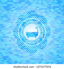 bathtub icon inside sky blue emblem with mosaic ecological style background