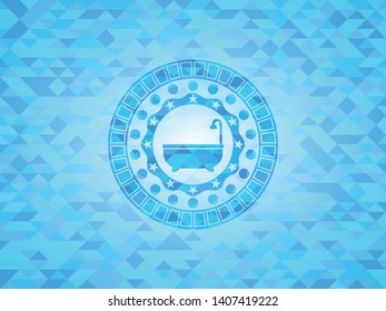 bathtub icon inside sky blue emblem with mosaic ecological style background