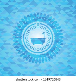 bathtub icon inside sky blue emblem with mosaic ecological style background