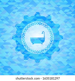 bathtub icon inside sky blue emblem. Mosaic background