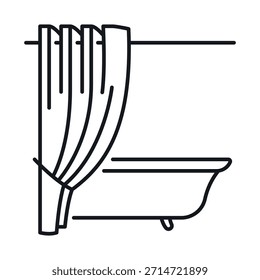 Icono de bañera en estilo lineal con cortinas de ducha colgando cerca, diseñado para su uso en proyectos relacionados con el hogar y el interior.