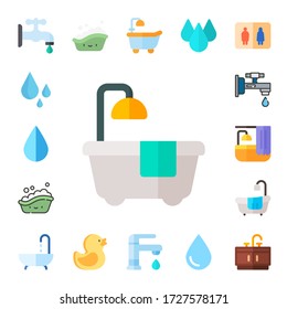 bathtub icon set. 17 flat bathtub icons. Included faucet, drop, bath tub, bath, rubber duck, bathroom icons
