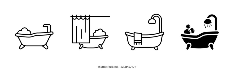 Bathtub icon set of 4, design element, editable stroke and solid glyph, flat, stylist, design template
