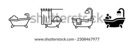 Bathtub icon set of 4, design element, editable stroke and solid glyph, flat, stylist, design template
