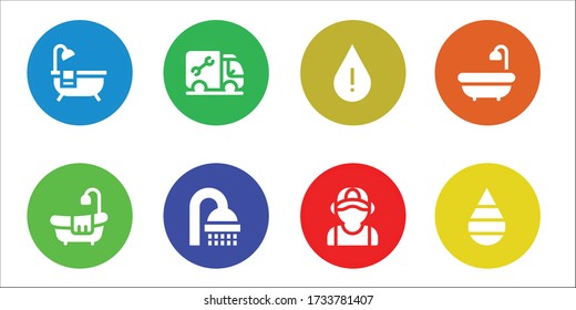 bathtub icon set. 8 filled bathtub icons. Included Bathtub, Plumber, Shower, Drop, Bath icons