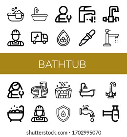 bathtub icon set. Collection of Bathtube, Plumber, Hot tub, Drop, Faucet, Jacuzzi, Bathtub, Siphon icons