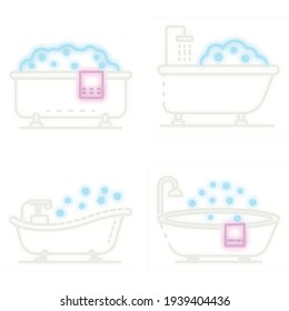 Bathtub icon set. Outline set of bathtub vector icons neon color on black