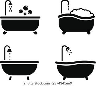 Bathtub icon set. Shower vector illustration. Bathroom hygiene symbol. Bath tub silhouette. Washroom pictogram. Bathing sign.