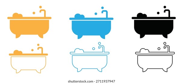 Bathtub icon set with water, bubbles, and faucet in flat and line styles.