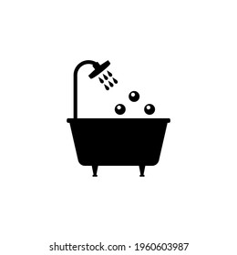 Bathtub icon with shower, falling water drops and bubbles. Black and white vector silhouette, clipart and drawing. Isolated illustration. Trendy design and template.