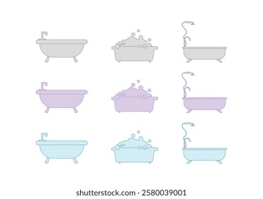 Bathtub icon. Shower vector illustration. Bathroom hygiene symbol. Bath tub silhouette. Washroom pictogram. Bathing sign. Bathtub icon on white background. Bathtub icon set. 