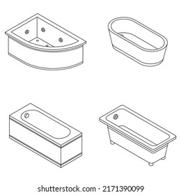 Bathtub icons set. Isometric set of bathtub vector icons outline isolated on white background