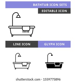 Bathtub icons set vector design, modern editable line and  glyph icon, black colour and isolated for icon presentation, website and banner
