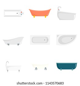 Bathtub interior icons set. Flat illustration of 9 bathtub interior vector icons isolated on white