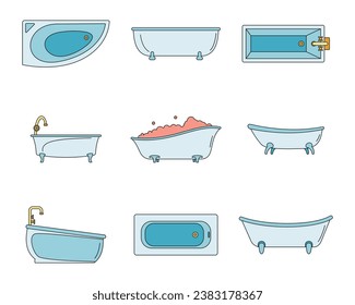 Iconos interiores de la bañera. Ilustración de esquema 9 iconos vectoriales de bañera color de línea delgada plano sobre blanco