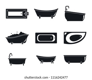 Bathtub interior icons set. Simple illustration of 9 bathtub interior vector icons for web