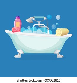 Bathtub isolated full of foam with bubbles, common and shower taps, pink soap, bottle of shampoo and rolled towel. Vector flat illustration of comfortable equipment for bathing and relaxing