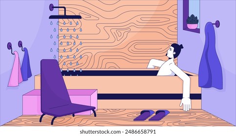 Bathtub man relaxing in outdoor bathroom lofi wallpaper. Caucasian guy taking bath 2D cartoon flat illustration. Love being at home alone chill vector art, lo fi aesthetic colorful background