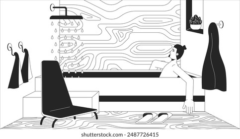 Bathtub man relaxing in outdoor bathroom black and white lofi wallpaper. Caucasian guy taking bath 2D outline cartoon flat illustration. Love being at home alone vector line lo fi aesthetic background